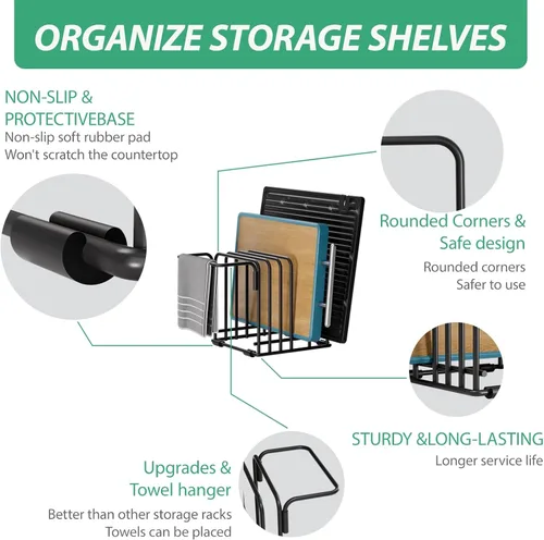Vista 4 de Organizador de tabla de cortar, estante de almacenamiento de cocina de acero con 5 ranuras para tablas de cortar, bandejas para hornear, toallas
