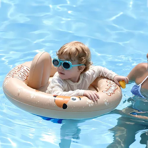 Vista 6 de Flotador inflable de natación para bebé con asiento seguro y toldo para niños de 6 a 36 meses beige dog
