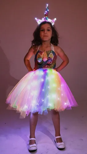 Vista 3 de Viyorshop Disfraz de unicornio para niña, vestido de tutú de unicornio con luz LED para disfraces de fiesta de Halloween