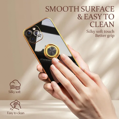 Vista 3 de IDweel Funda para iPhone 13 Pro Max con soporte de anillo de 360°, soporte magnético, ligera, delgada, borde de oro rosa, TPU suave, protección