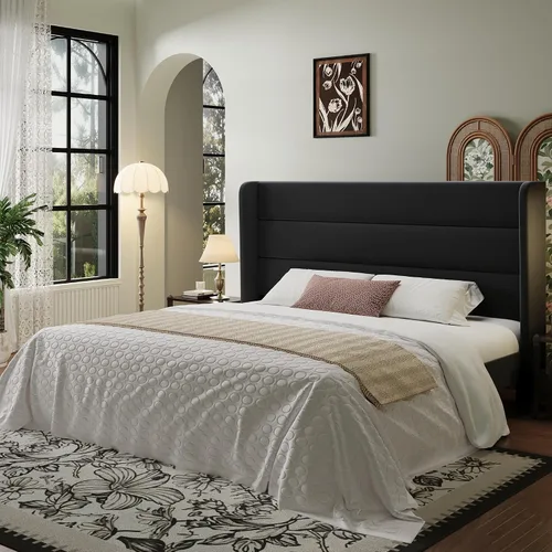 Vista 11 de SHA CERLIN - Base de cama tamaño Full con cabecera tapizada en terciopelo y diseño acanalado vertical; plataforma de cama tapizada con listones