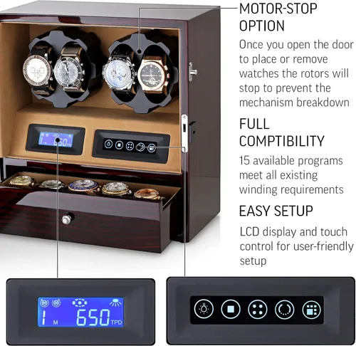 Vista 5 de Enrollador de 4 relojes con espacio de almacenamiento de 5 relojes, pantalla LCD, control táctil y luz