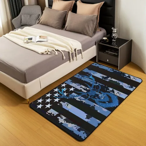 Vista 3 de Alfombra de camuflaje con diseño de ciervo de 3 x 5 pies, diseño de camuflaje azul militar, con bandera de Estados Unidos, para niños, adolescentes