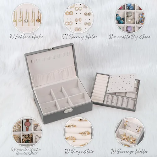 Vista 3 de Joyero para mujeres y niñas, contenedor organizador de joyas de 2 capas con cerradura, estuche de almacenamiento de piel sintética con bandeja