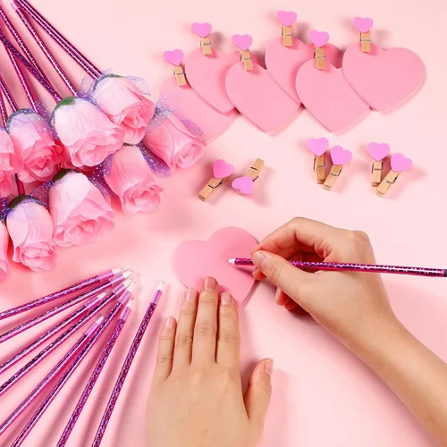 Vista 5 de Yexiya 48 juegos de bolígrafos de rosas para el día de San Valentín, regalos a granel con notas adhesivas, clips de corazón, bolsas de regalo