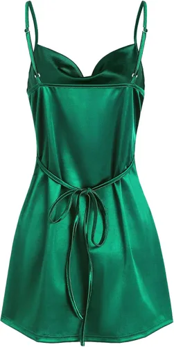Vista 2 de ZAFUL Minivestido de satén sin mangas con tirantes delgados para mujer, con abertura lateral, cuello redondo, vestido de cóctel