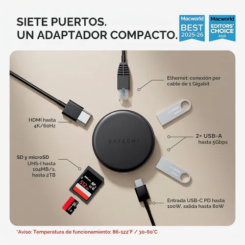 Vista 2 de Satechi OntheGo™ Hub USB-C 7 en 1, adaptador multipuerto magnético compacto, 100 W PD, HDMI 4K/60Hz, Gigabit Ethernet, 2 x USB-A 5 Gbps, lector