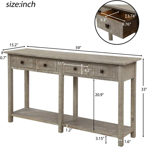Vista 2 de Mesa consola de sofá de 59 pulgadas de largo, mesa de pasillo rústica con cajones de almacenamiento y estante, mesa de entrada retro de madera