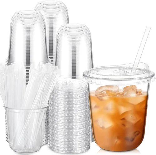 Vista 18 de Ziliny Paquete de 25 vasos de plástico transparente de 12 onzas con tapas para sorbos y pajitas, tazas desechables para café helado de cristal