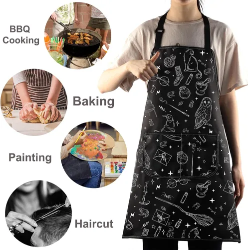 Vista 6 de WZMPA Delantal de cocina de mago mágico con bolsillos, regalo de bruja espeluznante, delantal ajustable gótico mágico para cocinar, hornear a