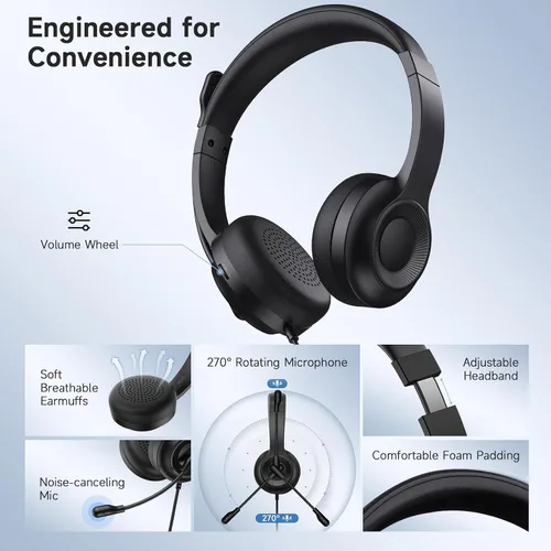Vista 7 de AOC Auriculares USB con micrófono para PC, auriculares con cable
