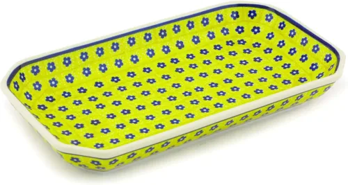 Vista 15 de Auténtico plato de cerámica polaca de 10 pulgadas en diseño amarillo hecho a mano en Bolesławiec Polonia por Ceramika Bona + certificado