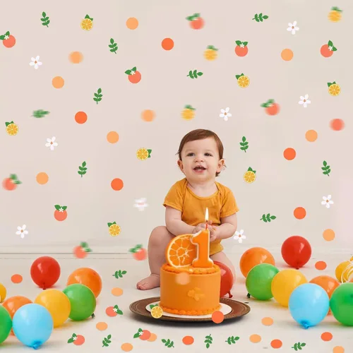 Vista 6 de 300 piezas de confeti Little Cutie Baby Shower Confeti cítricos, papel redondo naranja mandarina flor blanca verde eucalipto disperso para baby