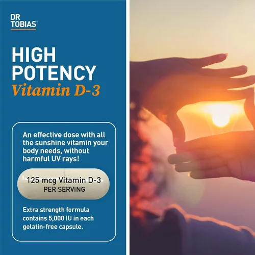 Vista 2 de Dr. Tobias Vitamina D3 5000 UI, esencial para huesos saludables, dientes y sistema inmunológico, suplemento de vitamina D extra fuerte, sin OMG, 90