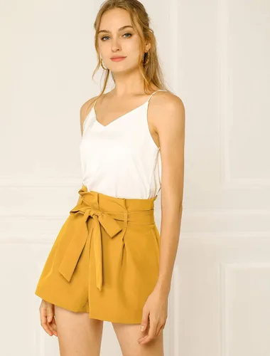 Vista 3 de Allegra K Pantalones cortos cortos de cintura alta con pajarita para mujer