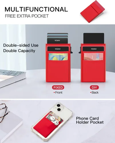 Vista 6 de YESIIW Pop up Slim Card Holder RFID Blocking with Money Pocket Minimalist Business Credit Card Wallet for Women and Men Aluminum Metal Bank Card