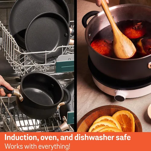 Vista 8 de Meyer Olla mediana de acero inoxidable de 6.5 cuartos de galón, olla de inducción, apta para lavavajillas, apta para horno, negro mate con asas