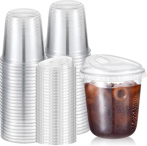 Vista 9 de Ziliny 50 juegos de tazas de café de plástico transparente con tapas para beber, tazas desechables de plástico PET transparente para café helado