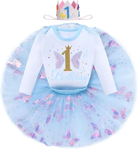 Vista 2 de IDOPIP Disfraz de mariposa para el primer cumpleaños de bebé niña con lentejuelas, falda tutú, diadema para sesión de fotos
