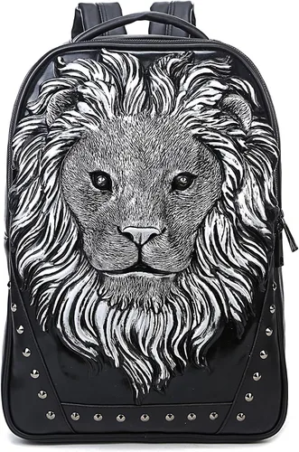 Vista 8 de Berchirly Mochilas de viaje con cabeza de león en 3D para mujer, mochila de 10.2 in-negro