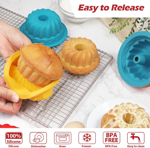 Vista 3 de Webake Juego de 6 moldes de silicona para tartas de 4 pulgadas, antiadherentes, sin BPA, para hornear, magdalenas, cupcakes