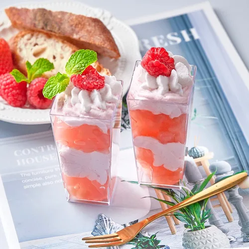 Vista 7 de TOFLEN Paquete de 50 unidades de tazas de postre mini cuadradas de 3 onzas con cucharas, tazas de postre transparentes de plástico para fiesta