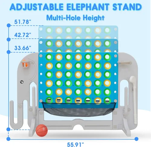 Vista 2 de Giant 4 in a Row Connect Game, Adjustable Height (2.6FT-4.3FT) Jumbo 4-to-Score Yard Game Set with Basketball, Golf & Ring Toss, Elephant Design