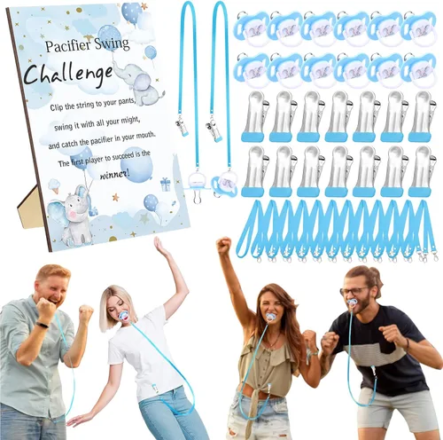 Vista 16 de Geelin Juego de 12 juegos de chupete con columpio para baby shower, juegos divertidos de revelación de género, incluye 1 letrero de madera y 12