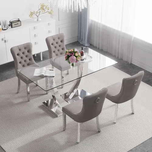 Vista 38 de Juego de mesa de comedor de cristal moderno de mediados de siglo para 4, 63 pulgadas, juego de comedor rectangular grande de lujo con parte superior