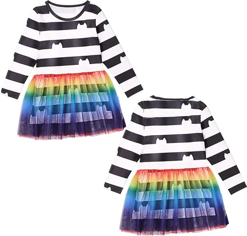 Vista 2 de SHELOVESIT Traje de cumpleaños de gato arcoíris para niñas, disfraz de casa de muñecas con tutú de arco iris para fiesta de disfraces de Halloween