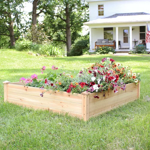 Vista 4 de Sunnydaze Cama de jardín cuadrada de madera elevada – Maceta elevada al aire libre para jardinería de flores, verduras y hierbas – 4 x 4 pies
