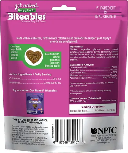 Vista 2 de Get Naked Biteables - Golosinas suaves diarias para la salud del cachorro, hechas con pollo real, fortificadas con calostro y probióticos
