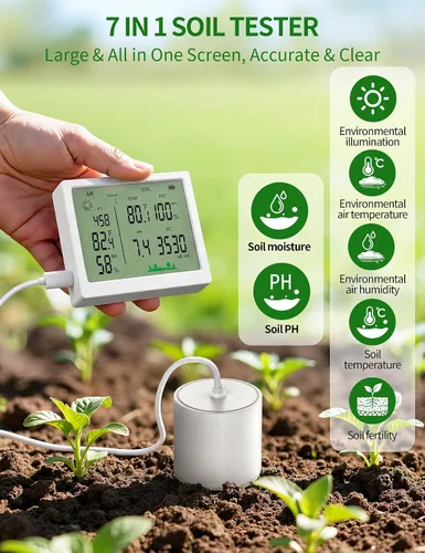 Vista 2 de 7 in 1 Soil Meter, Digital Soil Test Kit of PH/Sunlight/Fertility/Soil & Air Temp, Humidity Meter for Indoor & Outdoor Plant, Growing Environment