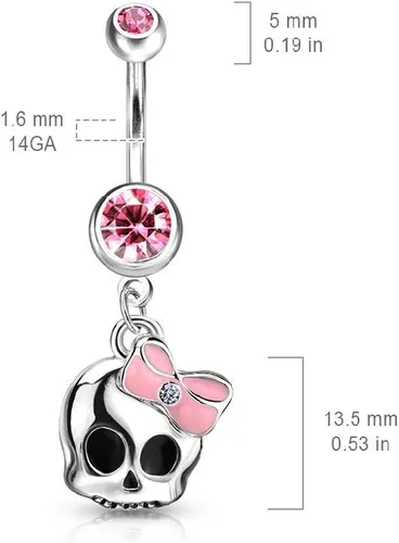 Vista 2 de 14G 316L Acero quirúrgico lindo calavera con gema pavimentada y arco epoxi ombligo anillo de ombligo, Acero inoxidable, circonita cúbica, acero