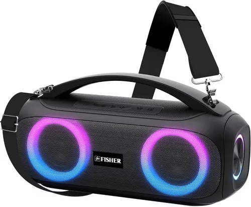 Vista 13 de Fisher Altavoces Bluetooth, altavoz inalámbrico portátil de 20 W de potencia máxima Boombox con sonido HD y luces, resistente al agua, tiempo