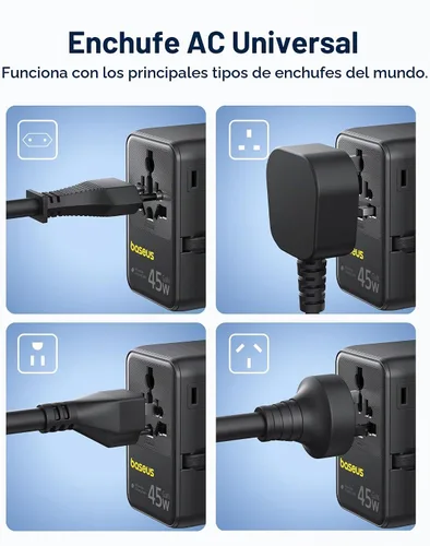 Vista 7 de Baseus Adaptador de enchufe de viaje europeo de 45W, adaptador de corriente universal 6 en 1 con cable retráctil USB-C, carga rápida PD GaN