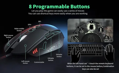 Vista 6 de C309 - Mouse para juegos con cable, mouse RGB para juegos con botones laterales, ajustable de alta precisión 12800 DPI, pesos ajustables, 6 botones