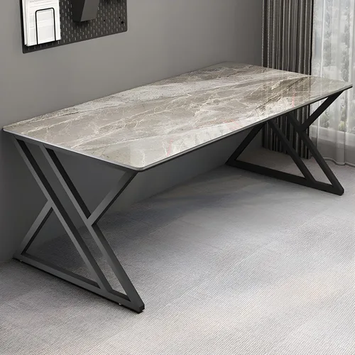Vista 5 de LITFAD Modern Sintered Stone Office Desk, Rectangular Writing Work Table with X-Shaped Metal Frame, Scratch Resistant Computer Desk for Home Office