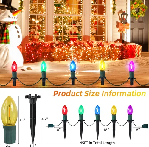 Vista 5 de USOKYO Luces LED C9 de 45 pies para caminos de Navidad al aire libre, 30 bombillas multicolor, impermeables, conectables, luces de Navidad