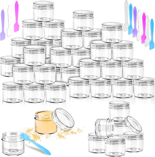 Vista 14 de Paquete de 50 de 10 g pequeños contenedores de cosméticos de plástico con tapas, frascos de maquillaje de 10 gramos de color ámbar con espátulas
