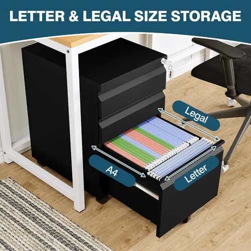 Vista 5 de MIIIKO - Archivador de metal con 3 cajones con ruedas, archivador móvil para debajo del escritorio de oficina en el hogar, archivadores totalmente