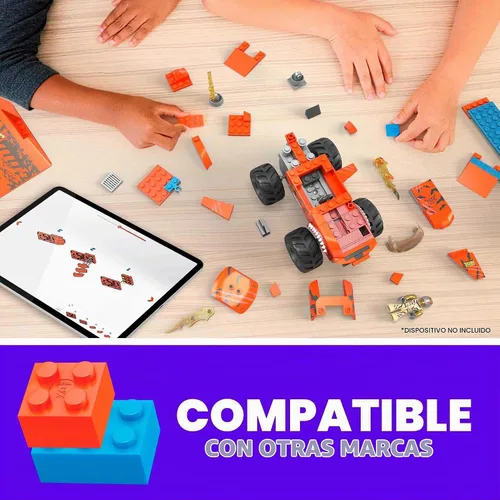 Vista 5 de MEGA Hot Wheels Monster Trucks - Juego de construcción de juguete Smash & Crash Tiger Shark Chomp Course con 245 piezas, 2 microfiguras, naranja