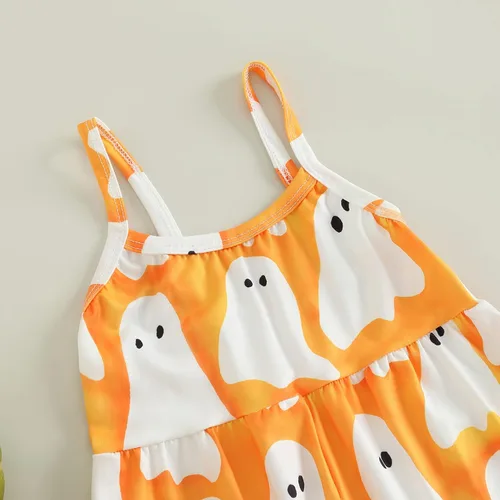 Vista 5 de Emmababy Enterizo de Halloween para niños y niñas pequeñas, con estampado de calabaza, fantasmacaricatura, gato, calabaza, sin mangas, 1-6T, overol