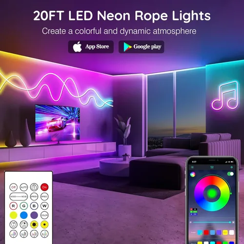 Vista 2 de Tira de luces de neón de 20 pies, cuerda de luces LED flexible con aplicación/control remoto, múltiples modos de luces, luces de neón LED RGB IP65