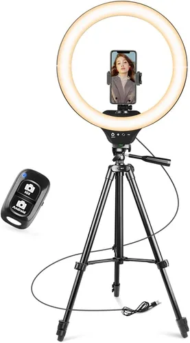 Vista 10 de SENSYNE - Anillo de luz de 10 pulgadas con soporte de trípode extensible de 50 pulgadas, luces circulares LED con soporte para teléfono