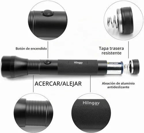 Vista 4 de Linternas LED Grandes de Batería D de 2 Celdas de Servicio Pesado, Linterna Antorcha de Aleación de Aluminio de Modo Único con Zoom, Linterna