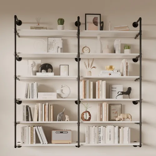 Vista 18 de Estante industrial de tubo de hierro de 5 niveles, estantería de tubo de 48 pulgadas con tablón de madera maciza, estantes abiertos para libros