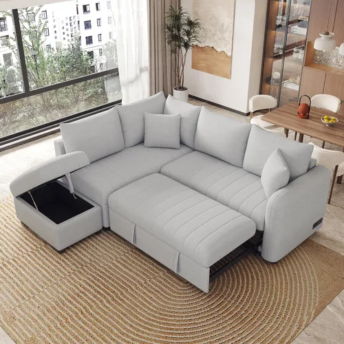 Vista 11 de Sofá cama modular de 104 pulgadas con diván de almacenamiento y taburetes para sala de estar, moderno sofá cama extraíble de 3 asientos