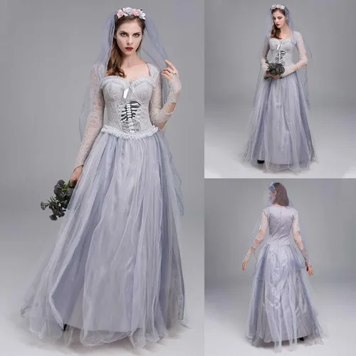 Vista 2 de Disfraz de cosplay de Halloween para mujer diseño de calavera gasa de malla vampiro fantasma vestidos de novia y disfraz de belleza encantador velo
