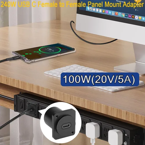 Vista 5 de QIANRENON Adaptador de montaje en panel USB-C a USB-C de 10 Gbps, conector recto tipo C 3.1 hembra a hembra, carga de 100 W, carcasa de aleación